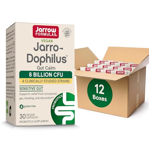 Jarrow Formulas Jarro-Dophilus Gut Calm Probiotic - 8 Billion CFU - 30 Delayed Release Veggie Caps, Supports Relief from Occasional Gas, Bloating & Discomfort, Pack of 12