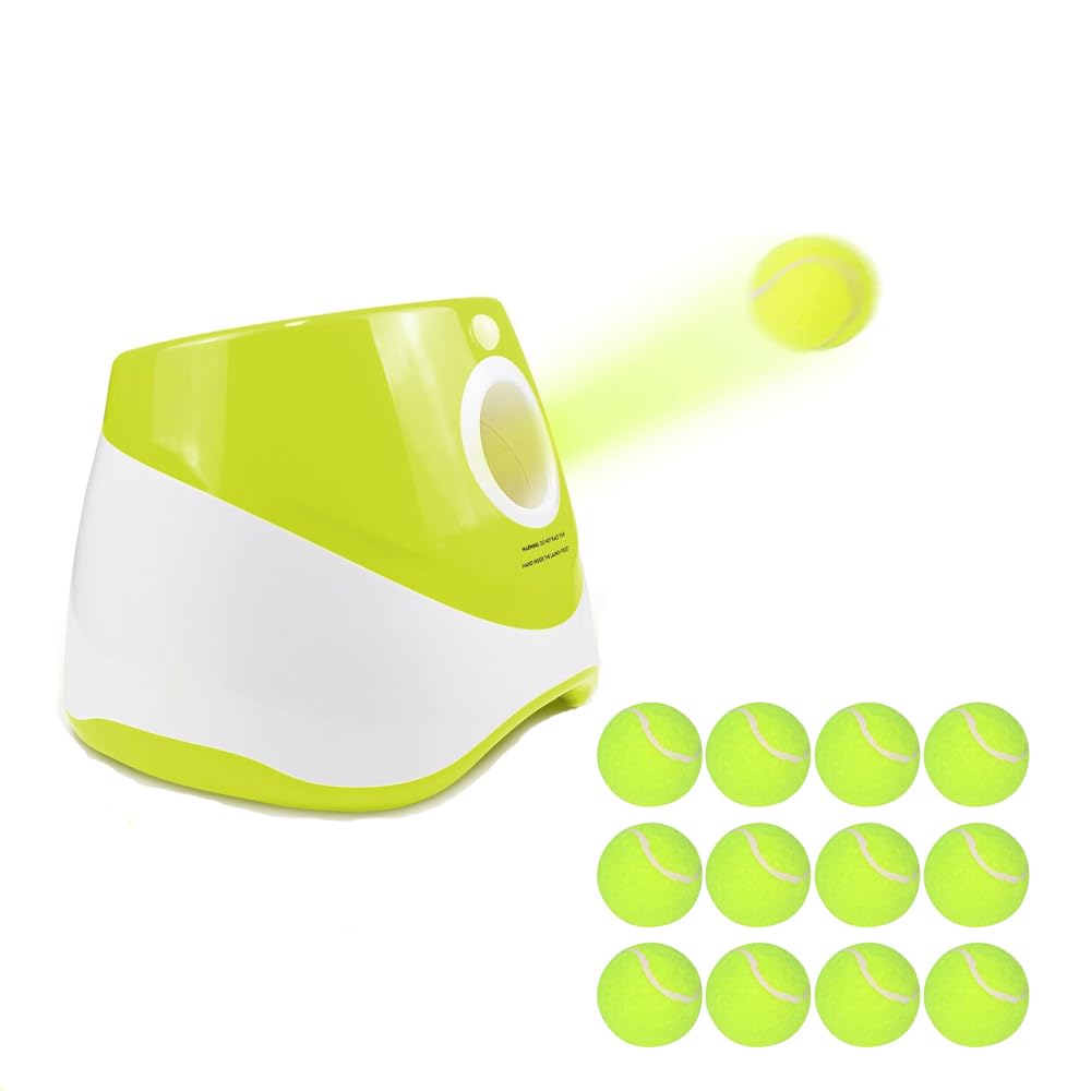 RERBIO Dog Ball Thrower Launcher,Ball Launcher for Dogs with 12 Tennis Ball,Interacive Dog Toys Indoor Outdoor Adjustable Distance Settings Thrower Machine Perfect for Small Dogs, Light green