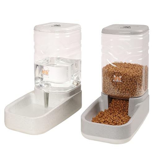 ELEVON Automatic Dog Cat Gravity Food and Water Dispenser Set with Pet Food Bowl for Small Large Pets Puppy Kitten Rabbit Large Capacity(White, 3.8L)
