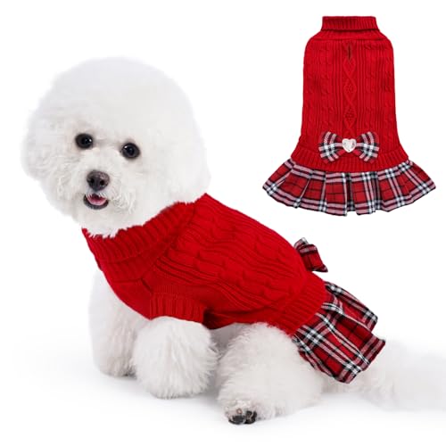 YUDODO Small Dog Sweater Dress with Bowtie Turtleneck Knitted Pet Dog Winter Clothes Warm Sweater for Yorkies Chihuahua (Medium, Red)