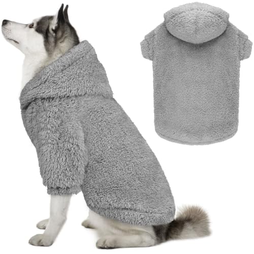 QDYU Fuzzy Dog Sweaters for Large Dogs Dog Hoodie Soft Double-Sided Plush Dog Sweater Fleece Dog Clothes Dog Coats Dog Hoodie Sherpa Hooded Sweatshirt(Grey-XL)
