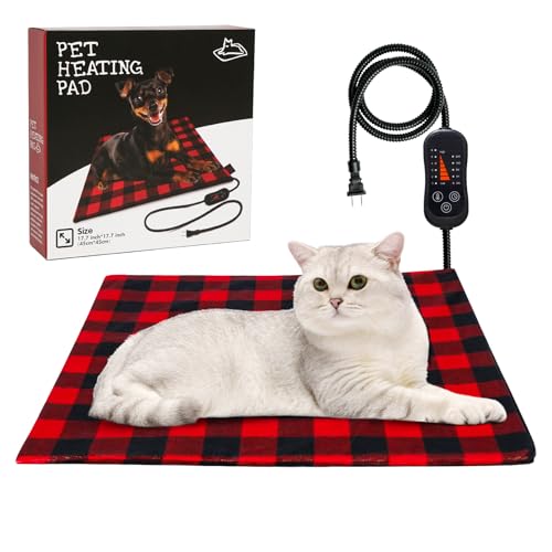 Pet Heating Pad, Adjustable Temperature Heated Cat Bed with Timer, Outdoor Waterproof Heated Dog Bed with Anti-Chew Cord, Overheat Protection Warming Mat for Cats and Puppies (S:17.7"x17.7")