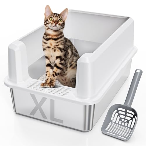 Stainless Steel Litter Box with Lid, XL Cat Litter Box for Big Cats, Extra Large Metal Litter Pan with High Sides for Multiple Cats, Anti-Urine Leakage, Never Absorbs Odors, Easy to Clean