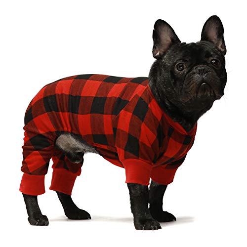 Fitwarm Buffalo Plaid Dog Pajamas, 100% Cotton Dog Clothes for Small Dogs Girl Boy, Holiday Pet Outfit, Cat Onesie, Red, Black, Medium