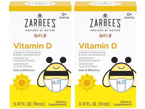 Zarbee's Vitamin D Drops for Infants, 400IU (10mcg) Baby & Toddler Liquid Supplement, Newborn & Up, Dropper Syringe Included, Pack of 2 0.47 Fl Oz Bottles