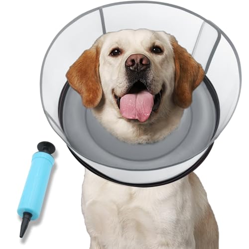 NoarWin Inflatable Dog Cone After Surgery, Upgraded Adjustable Soft Dual-Ring Dog Cone Collar with Detachable Anti-Licking Shield (S, Grey, Patented)