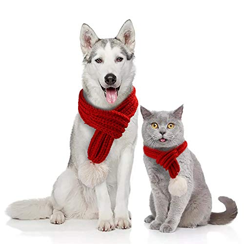 NACOCO Christmas Dog Knitted Scarf with White Pompom Warm Bandana Winter Holiday Pet Accessories Cat Scarves for Small Medium Cats Dogs Lovely Winter Outfits (L, Red)