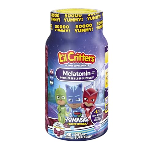 L'il Critters PJ Masks Gummy Melatonin Supplement for Kids, Drug-Free Sleep Support, 60 Gummies