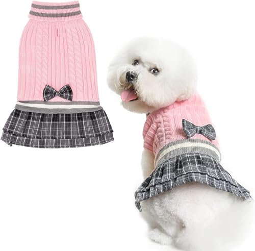PAWCHIE Dog Sweater Dress with Bowtie - Dog Turtleneck Pullover Knitwear for Small Dogs Girls Cold Weather Sweater with Leash Hole, Suitable for Small Medium Dogs Puppies