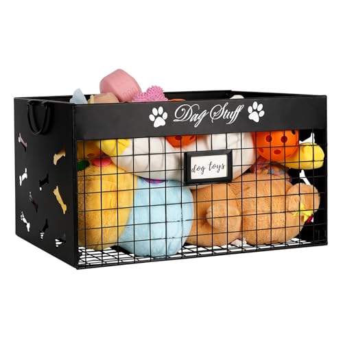 Bfttlity Dog Toy Bin Large Dog Toy Basket Metal Dog Toy Box with Handles and Label Position Design Perfect for Pet Toys, Blankets, Clothes and Food (Not Included Label) (Large)