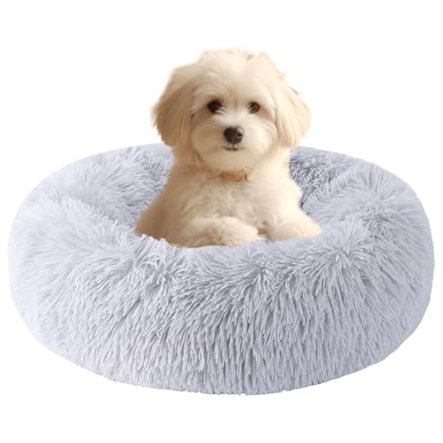 HYQ Fluffy Faux Fur Plush Dog Bed for Small Dogs & Cats - Washable, Anti-Slip, 17 Inch (Light Gray)