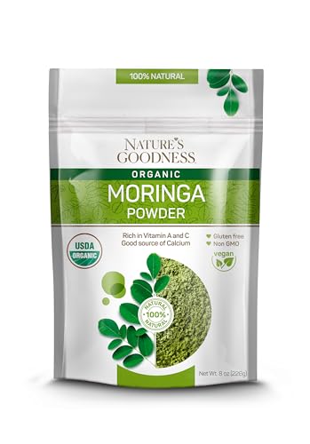 Nature's Goodness Organic Moringa Powder – 45 Servings (8 oz) - Nutrient-Dense Superfood for Energy, Detox, Immune Support, and Overall Wellness