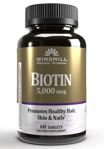 Windmill Natural Vitamins Biotin 5000 mcg, Supports Healthy Hair, Skin & Nails, Metabolism Booster, 60 Count, 60 Servings