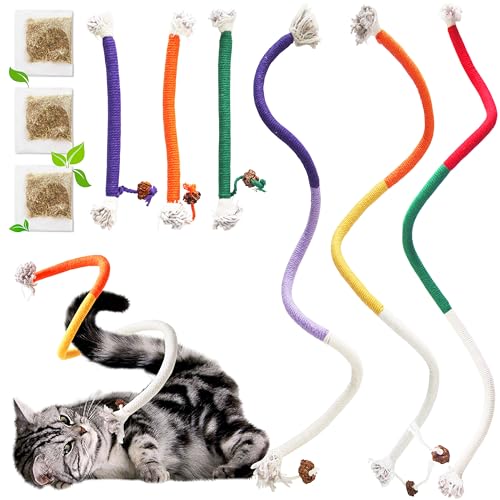 LEKEWPET Cat Chew Toys 6PCS Sisal Ropes Plus 3 Bags of Catnip, Toys for Indoor Cats Teeth Cleaning Toys for Kitten, Bite Resistant Catnip Toys Interactive Cat Nip Kitty Kicker Toys for All Breeds