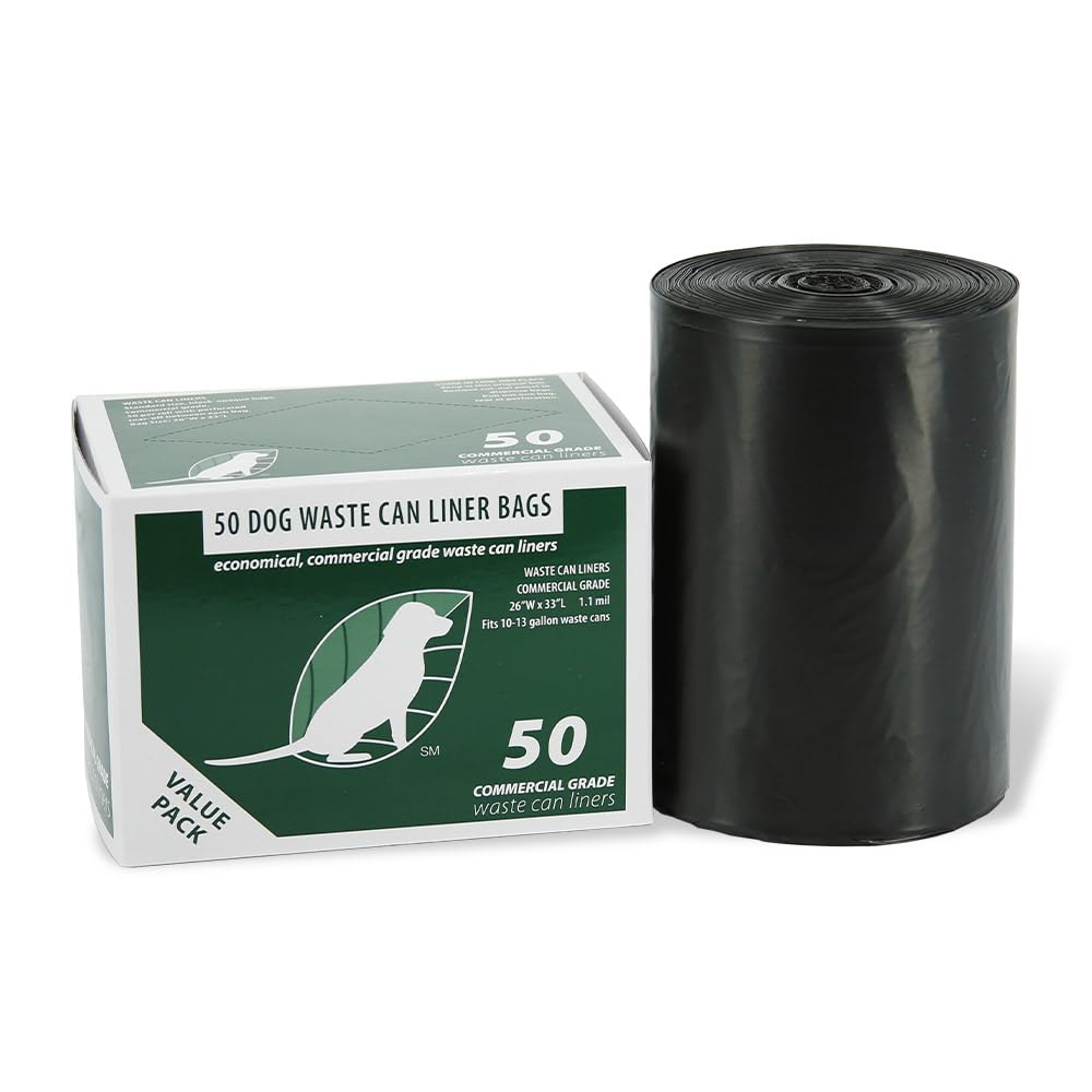Commercial Grade Dog Waste Station Can Liners -1 Roll of 50 bags - Standard Size 26" W x 33" L (10-13 gallons) - Heavy Duty, Thicker than competitors bags (1.1 mil) (50 Liners, Black)