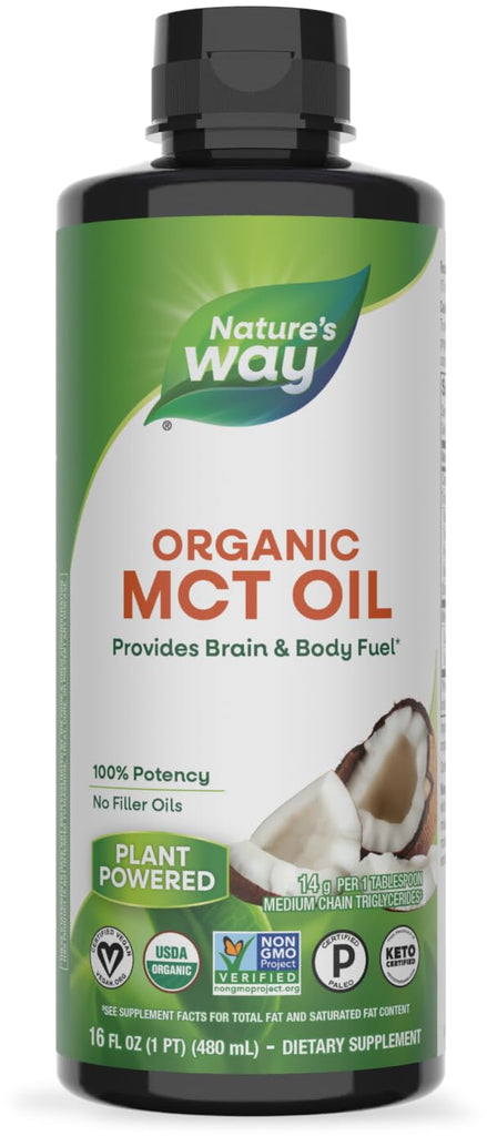 Nature's Way Organic MCT Oil, 16 Fl Oz, Brain and Body Fuel from Coconuts*, C8 Caprylic Acid and C10 Capric Acid, Keto and Paleo Certified, Organic, Non-GMO Project Verified (Packaging May Vary)