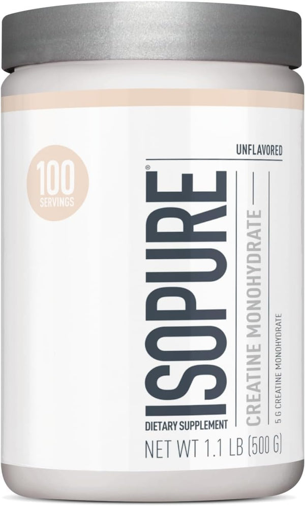 Isopure Unflavored Creatine Monohydrate Powder, Zero Added Ingredients, Creatine for Women and Men, 5g Creatine Monohydrate per scoop, 100 Servings, 500g