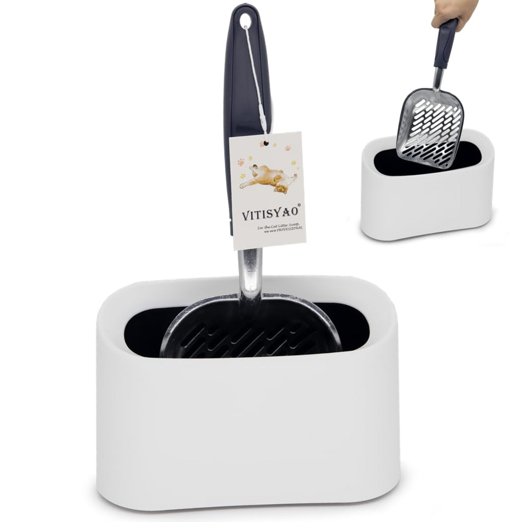 Vitisyao Heavy-Duty Cat Litter Scoop with Holder, Aluminium Cat Scoop Captures All Clumps, Kitty Metal Scooper, Cat Caddy for Litter Scoop (White)