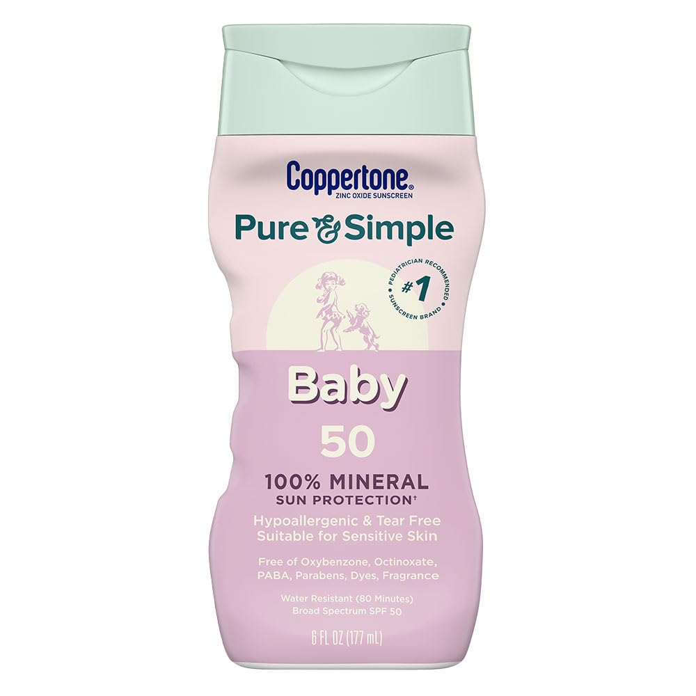 Coppertone Pure and Simple Baby Sunscreen Lotion SPF 50, Zinc Oxide Mineral Sunscreen for Babies, Hypoallergenic and Tear Free, 6 Fl Oz Bottle