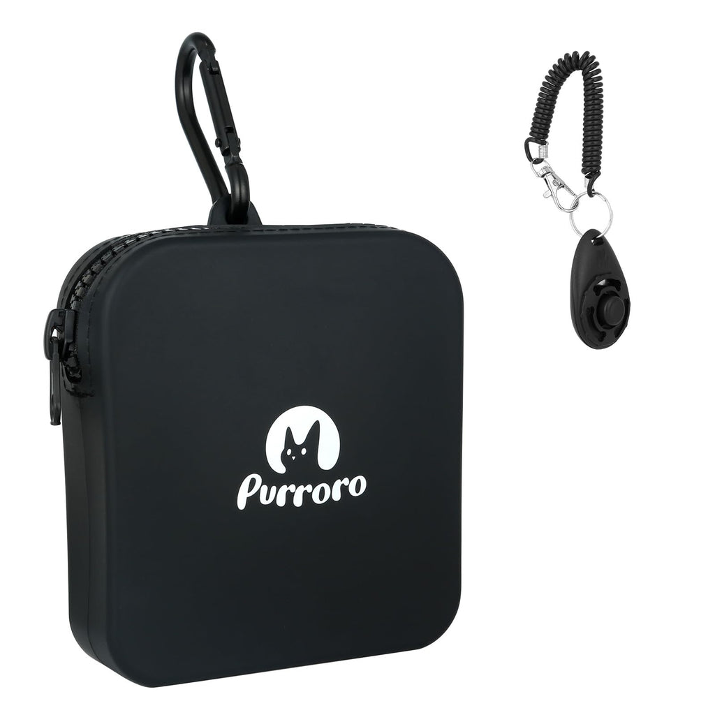 Cat Treat Pouch with Training Clicker, Portable Training Container, Silicone Treat Bag Fanny Pack with Zipper Closure and Carabiner for Pet Training Walking (Black)