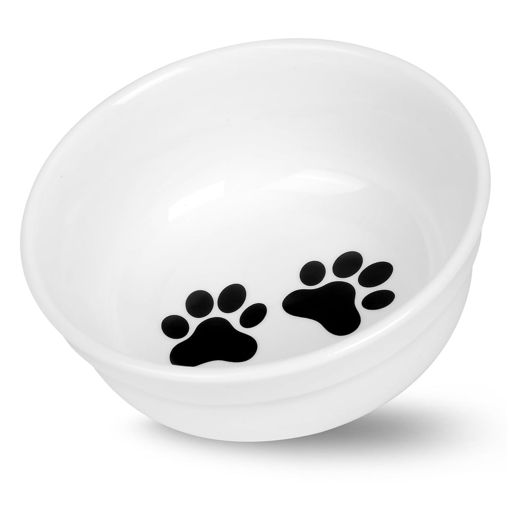 COMESOON 5" Ceramic Cat Bowl with Paws Pattern, Cat Food Bowl for Food and Water, Healthy Cat Dishes for Indoor Cats and Small Dogs, Dishwasher Safe & Microwaveable - White