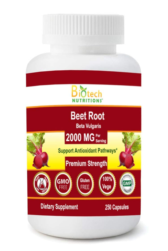 Biotech Nutritions Beet Root Beta Vulgaris 2000 mg Serving Vegetable Capsules NonGMO Gelatin Free Made in USA, Beet,vulgaris, 250 Count
