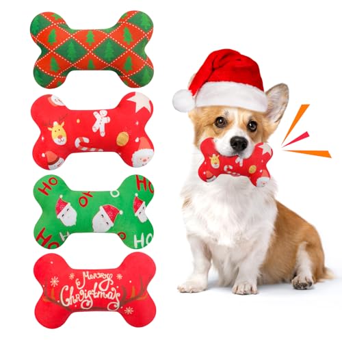 Lepawit 4 Pack Christmas Plush Dog Toy Dog Squeaky Bone Toys Interactive Fetching Dog Toys Durable Chew Stuffed Toys Suitable for Medium and Large Dogs
