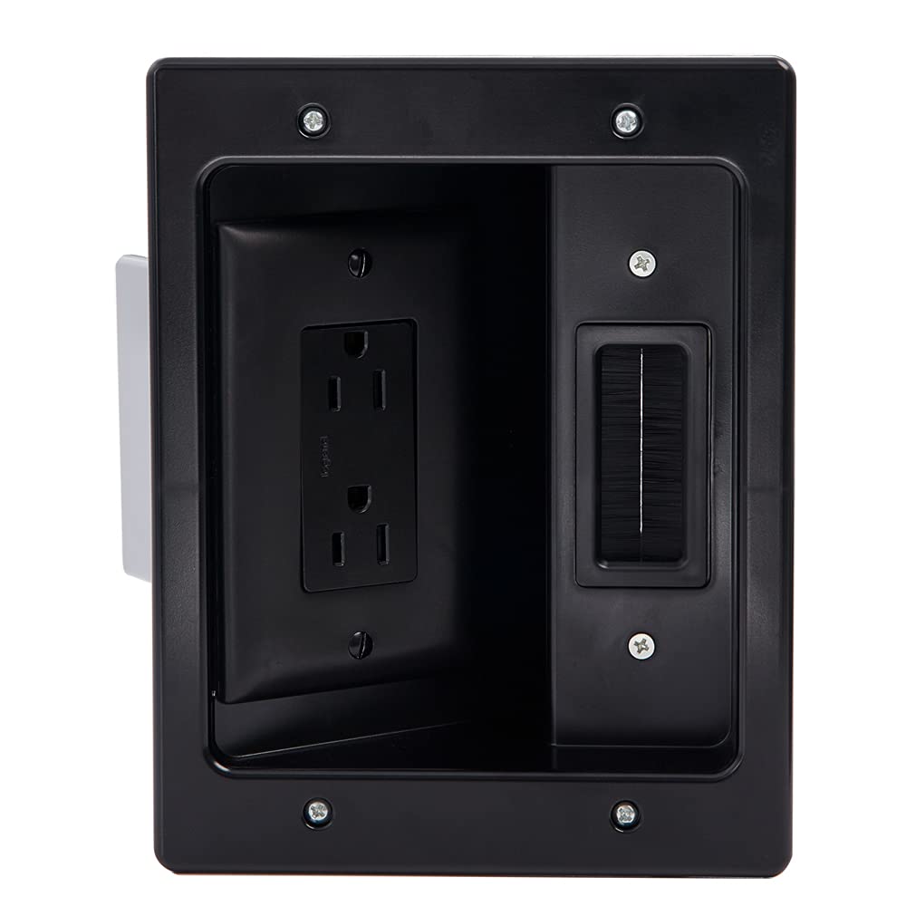 Legrand On-Q HT2102BKV1 Hardwired In Wall Cable Management Kit, TV Outlet Wall Kit Hides Cords, in Wall TV Power Kit Works with All Plugs, Recessed TV Outlet, Black