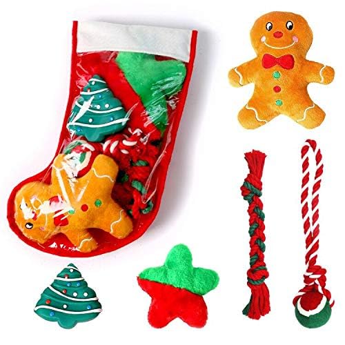 Highland Farms Select Christmas Dog Stocking Gifts Set - Festive Puppy Stocking Variety Pack with Squeaky Toy, Cotton Knotted Rope Toy - 5 Packs
