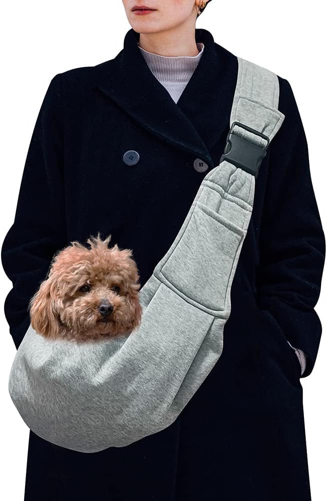 Dog Sling Carrier for Small Dogs, Puppy Sling Carrier with Adjustable Strap, Front Pocket & Safety Belt, Hands-Free Pet Carring Holder for Traveling, Outdoor