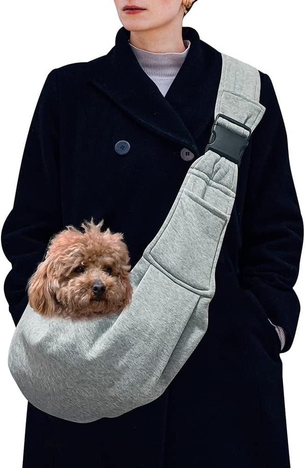 Dog Sling Carrier for Small Dogs, Puppy Sling Carrier with Adjustable Strap, Front Pocket & Safety Belt, Hands-Free Pet Carring Holder for Traveling, Outdoor