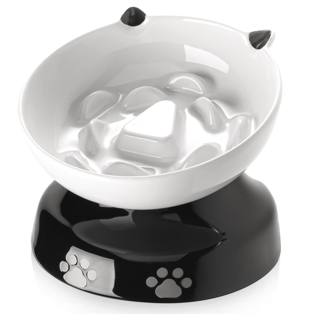 Y YHY Ceramic Cat Slow Feeder, Elevated Dog Food Bowl Tilted Design, Slow Feeder Bowl no Black Chin, Cat Shape for Dry and Wet Food
