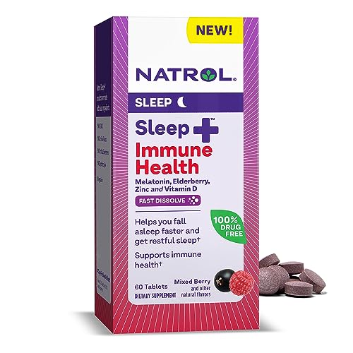 Natrol Sleep + Immune Health Melatonin 6mg with Elderberry, Zinc and Vitamin D, Dietary Supplement for Restful Sleep and Immune Support, 60 Mixed Berry-Flavored Fast Dissolve Tablets, 60 Day Supply