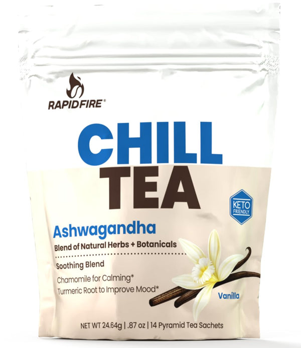 Chill Tea, Soothing Blend, Promotes Relaxation, with Ashwagandha, Chamomile, Turmeric, Stress Relief Tea, Caffeine Free, 14 Tea Bags, 14 Servings