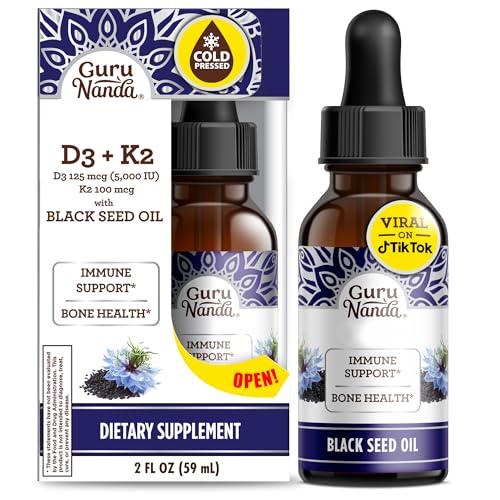 GuruNanda Black Seed Oil, Cold-Pressed Nigella Sativa - Rich in Vitamin D3 5000 Units, K2 & E, High Thymoquinone | Potent Antioxidant for Immune Support, Non-GMO, 2 Fl.oz