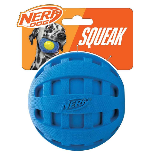 Nerf Dog Rubber Ball Dog Toy with Checkered Squeaker, Lightweight, Durable and Water Resistant, 4 Inch Diameter for Medium/Large Breeds, Single Unit, Blue