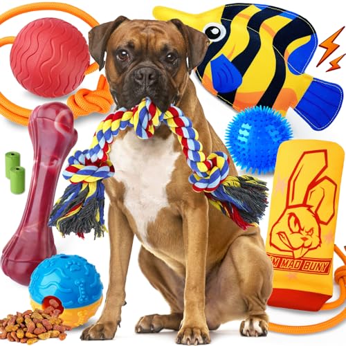IMMADBUNY Heavy Duty Aggressive Dog Chew Toys Pack - Large Dogs: Indestructible Tug, Rope & Squeaky Toys for Medium Large Breed Regular Chewers