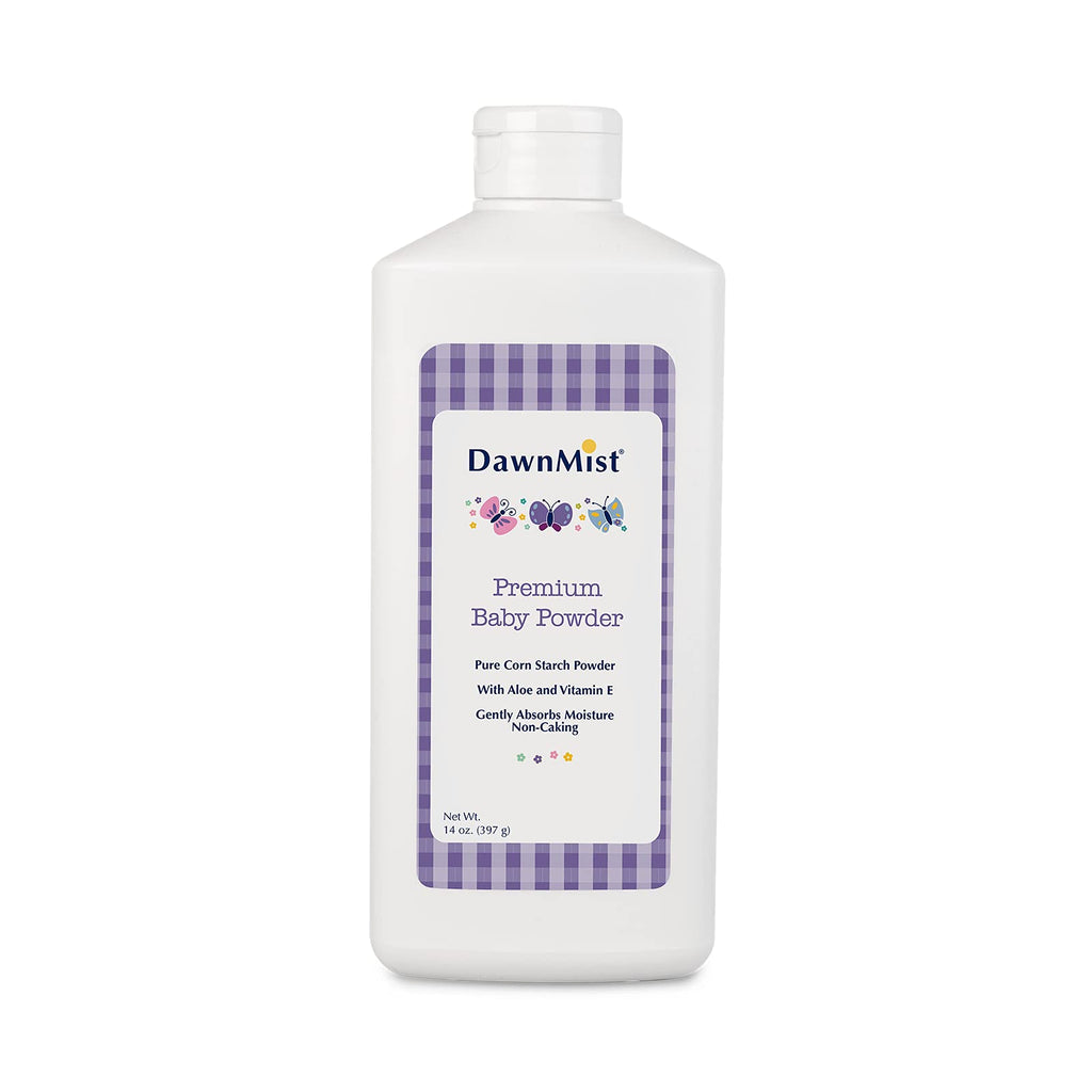 Dukal DawnMist Premium Baby Powder – 14 oz | Talc-Free, Hypoallergenic, with Aloe & Vitamin E | Soothes and Protects Delicate Skin, Full Case (Pack of 24)