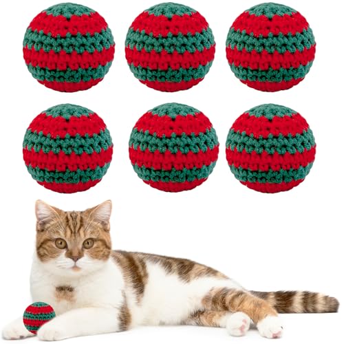 Ushang Pet Woolen Yarn Cat Toys Ball - 6Pcs Christmas Indoor Kitten Interactive Balls With Bell Inside, Hand-Knitted Chew and Chasing Toys