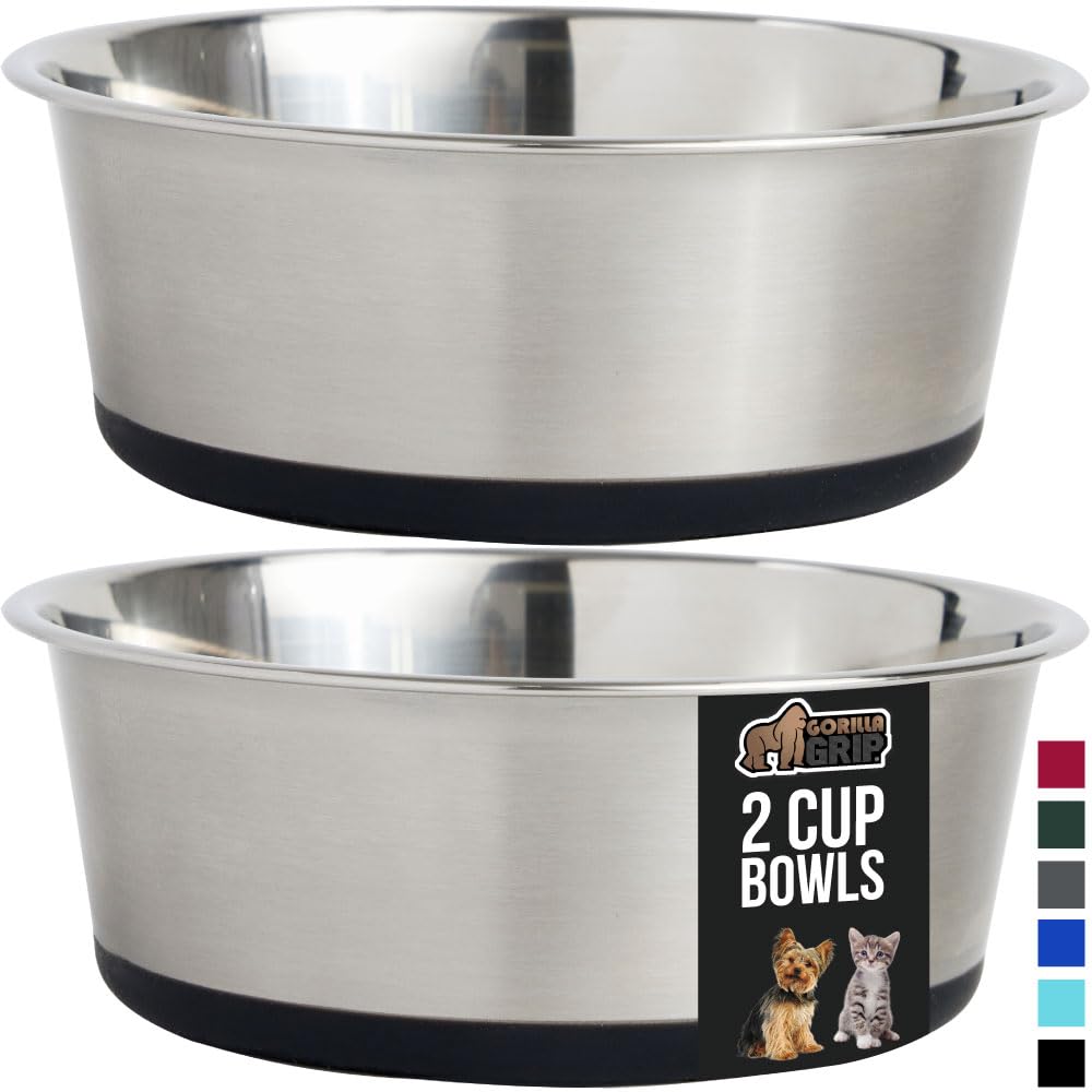 GORILLA GRIP Set of 2 Dog Bowls, Heavy Duty Metal Food and Water Bowl for Feeding Dogs and Cats, Dishwasher Safe, Rust Resistant Stainless Steel, BPA Free Rubber Base, Holds 2 Cups (16 fl oz), Black