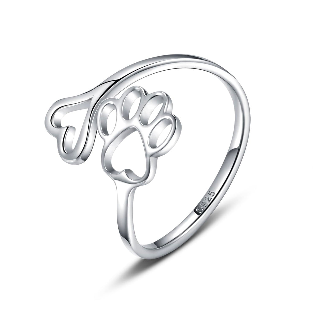 Puppy Lovers Paw Print Heart Ring - 925 Sterling Silver Adjustable Pet Jewelry - Creative Pierced Love Dog Cat Claw Ring - Gift for Animal Loving Friends and Families (Silver)