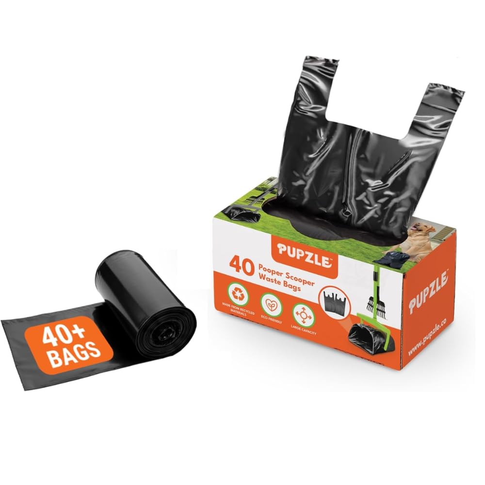 Pupzle Dog Pooper Scooper and Bags with Bag Attachment for Large Dogs Poop Scoop for Yard, Pooper Scooper for Large Dogs, 25 Pooper Scooper Refill Bags (Black)