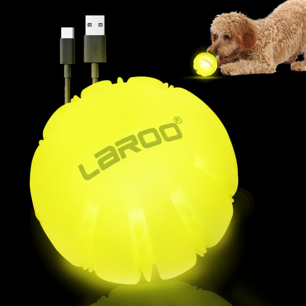 LaRoo LED Dog Balls Rechargeable,Light up Dog Ball Glow in The Dark,Teeth-Cleaning Natural Rubber,Interactive Dog Toys for Small & Medium Dogs,2.5 inches(Yellow)