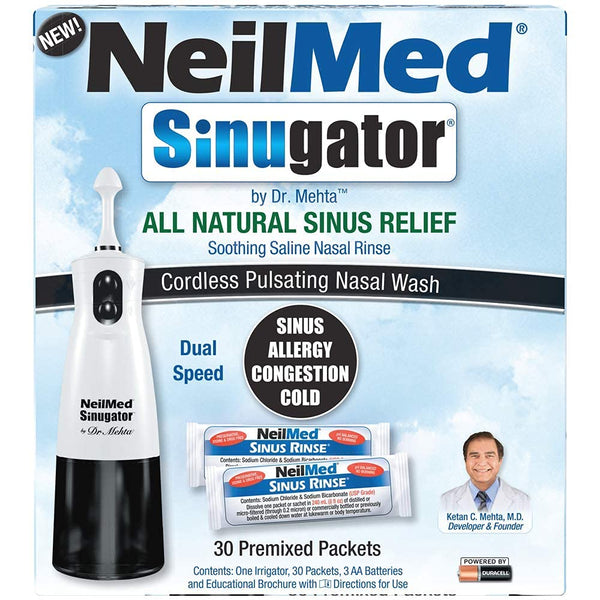 NeilMed Sinugator Cordless Pulsating Nasal Irrigator (Dual Speed) with 30 Premixed Packets and 3 AA Batteries - Black (Pack of 1)
