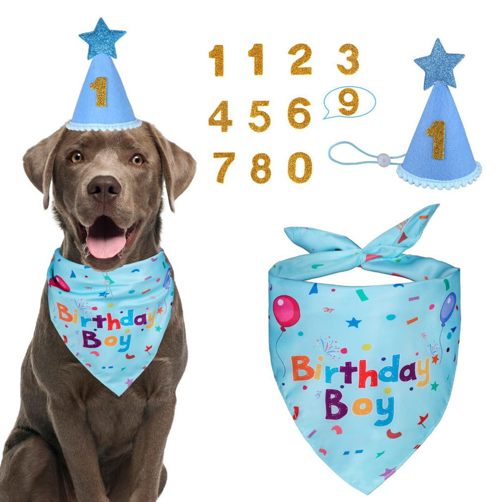 Yicostar Dog Birthday Party Supplies, Dog Birthday Bandana Set, Dog Boy Girl Birthday Party Hat with Numbers for Large Medium Small Dogs Pet (Blue)
