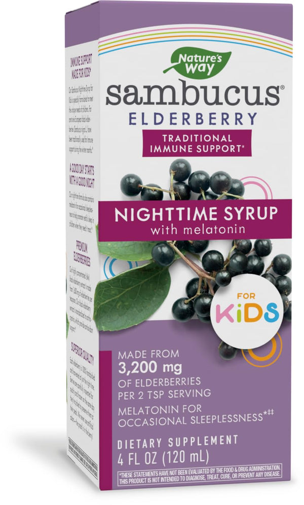 Nature's Way Sambucus Elderberry Nighttime Syrup for Kids with Melatonin, Immune Support*, 4 Fl Oz