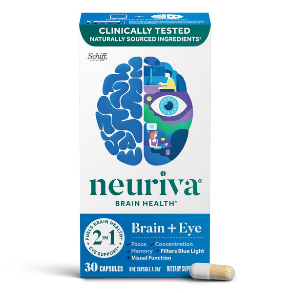 NEURIVA Brain + Eye Supplement for Memory, Focus & Concentration with Lutein & Vitamins A C E and Zinc for Eye Health & Zeaxanthin to Filter Blue Light, 30ct Capsules