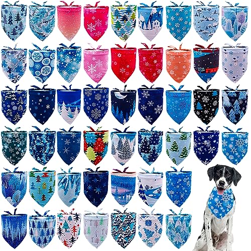JpGdn 100PCS Dog Bandanas Winter Bulk Snow Forest Ice PineTree Pattern Kerchief Triangle Bibs Head Scarves Scarfs for Small Medium Boys and Girls Grooming Accessories Costume