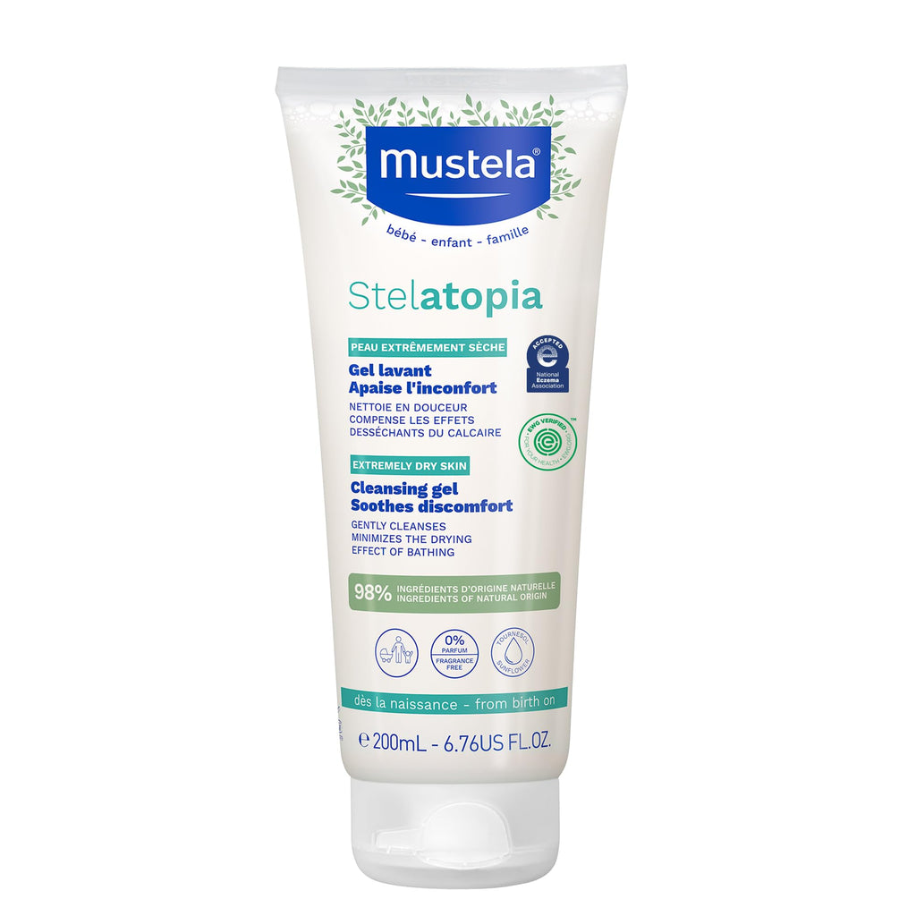 Mustela Stelatopia Eczema-Prone Skin Cleansing Gel - Baby Face & Body Wash with Natural Avocado & Sunflower Oil - Fragrance-Free & Tear Free - 6.76 fl. oz.