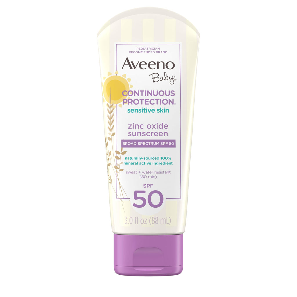 Aveeno Baby Continuous Protection Zinc Oxide Mineral Sunscreen Lotion for Sensitive Skin, Broad Spectrum SPF 50, Tear-Free, Sweat- & Water-Resistant, Paraben-Free, Travel-Size, 3 fl. oz